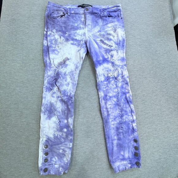 Valabasas Mens Purple Tie Dye Distressed Jeans Size 38 Stacked Ankle Button Fly - Picture 1 of 16
